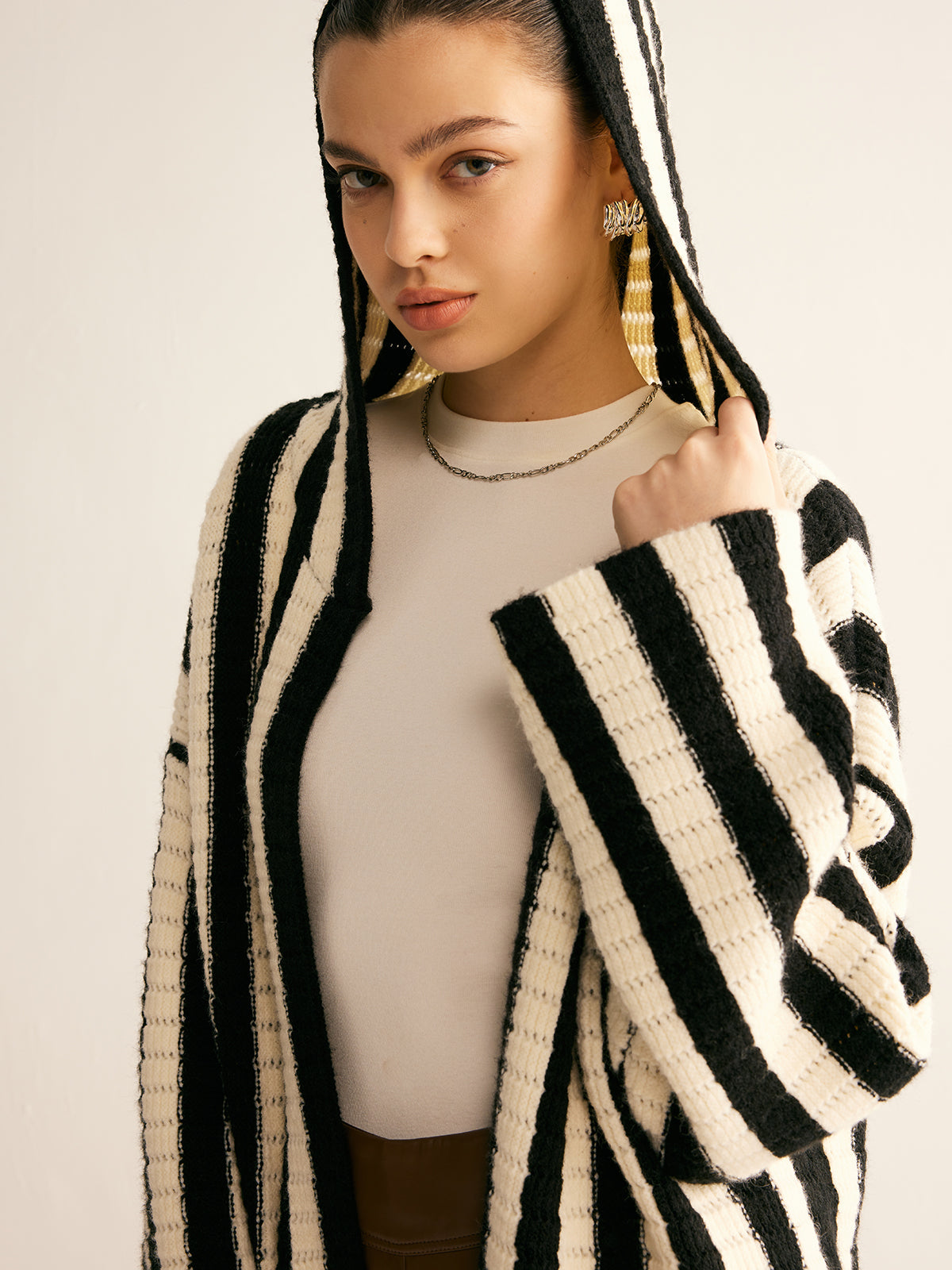 Contrast Striped Hooded Cardigan