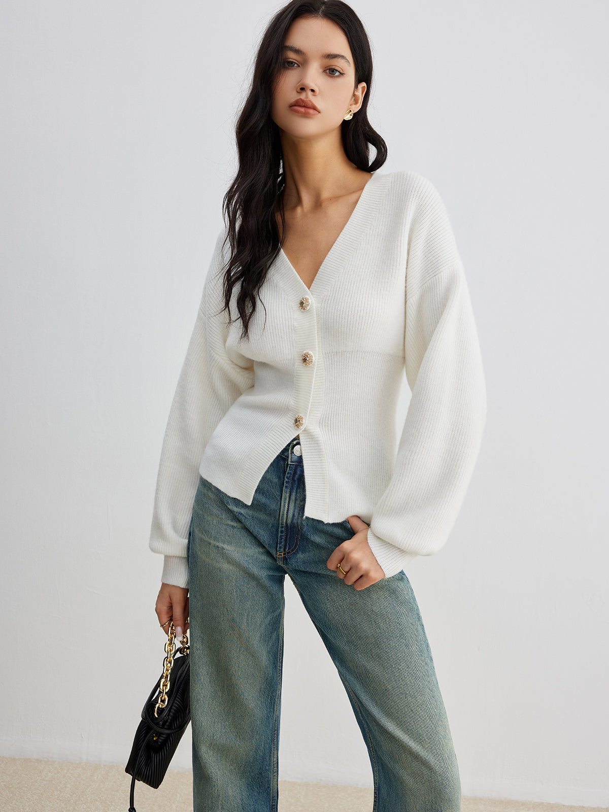 Stylish Buttoned Slit Gathered Cardigan