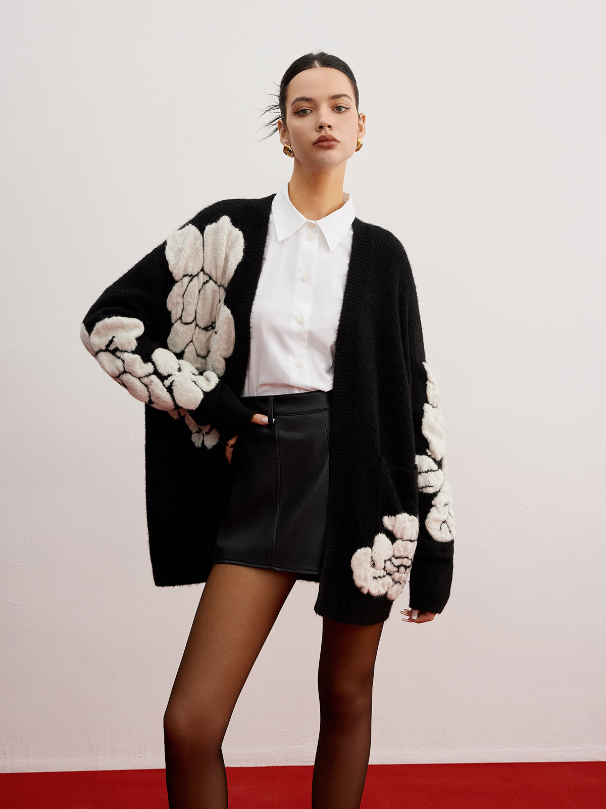 Wool Blend Knitted Floral Cardigan