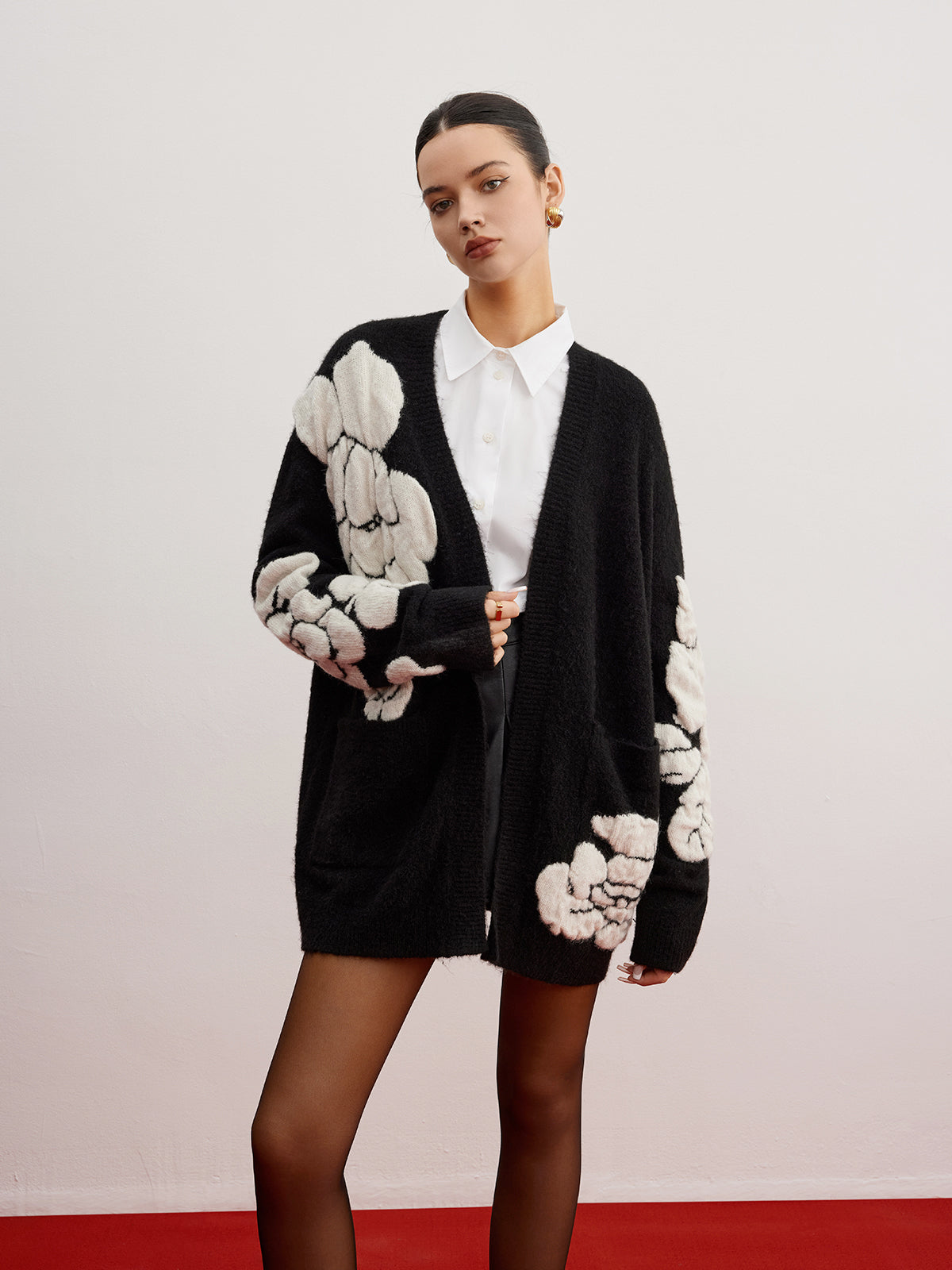 Wool Blend Knitted Floral Cardigan