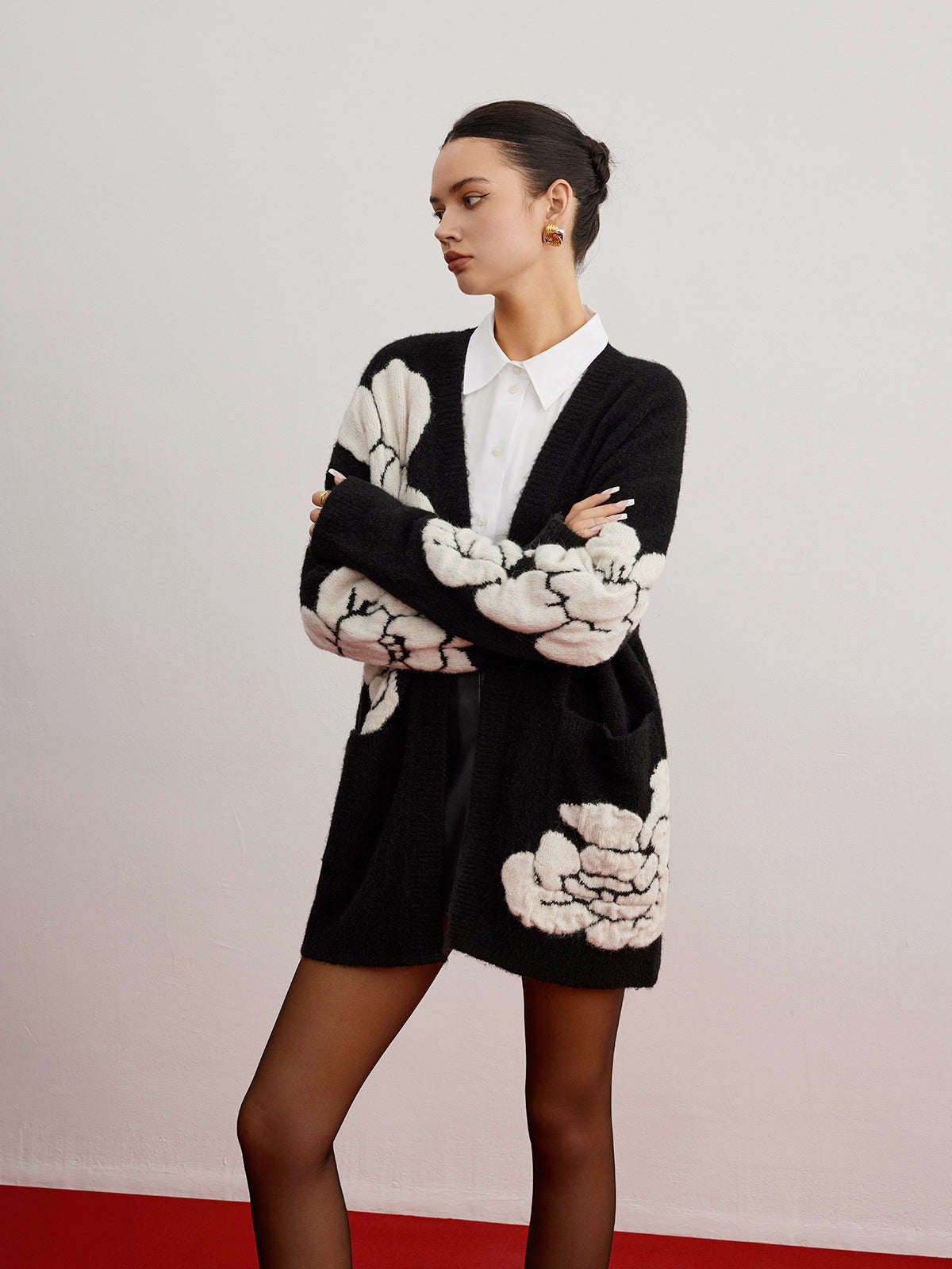Wool Blend Knitted Floral Cardigan
