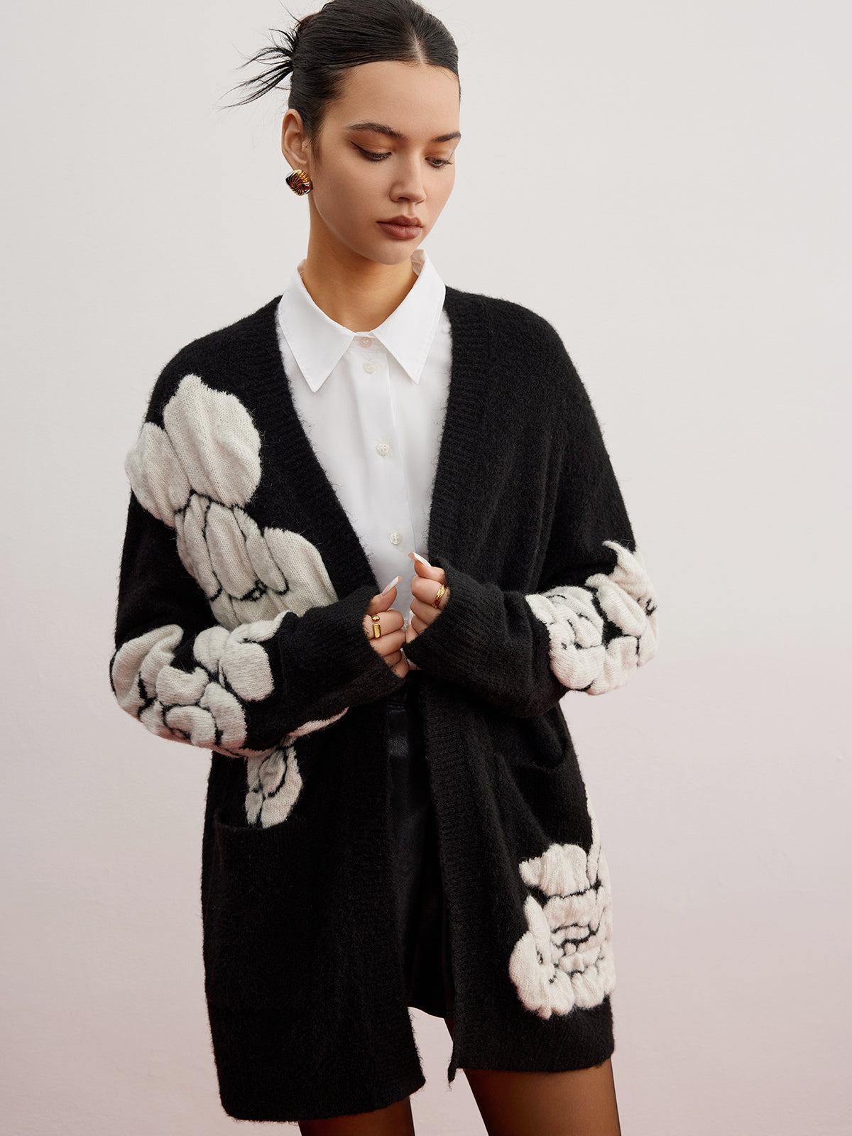 Wool Blend Knitted Floral Cardigan