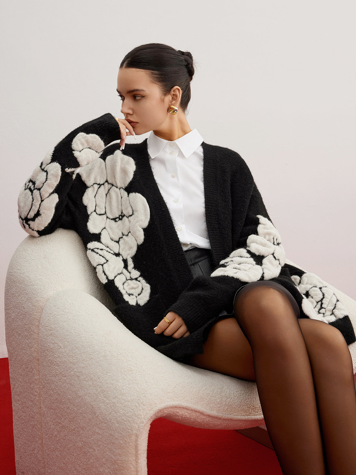 Wool Blend Knitted Floral Cardigan