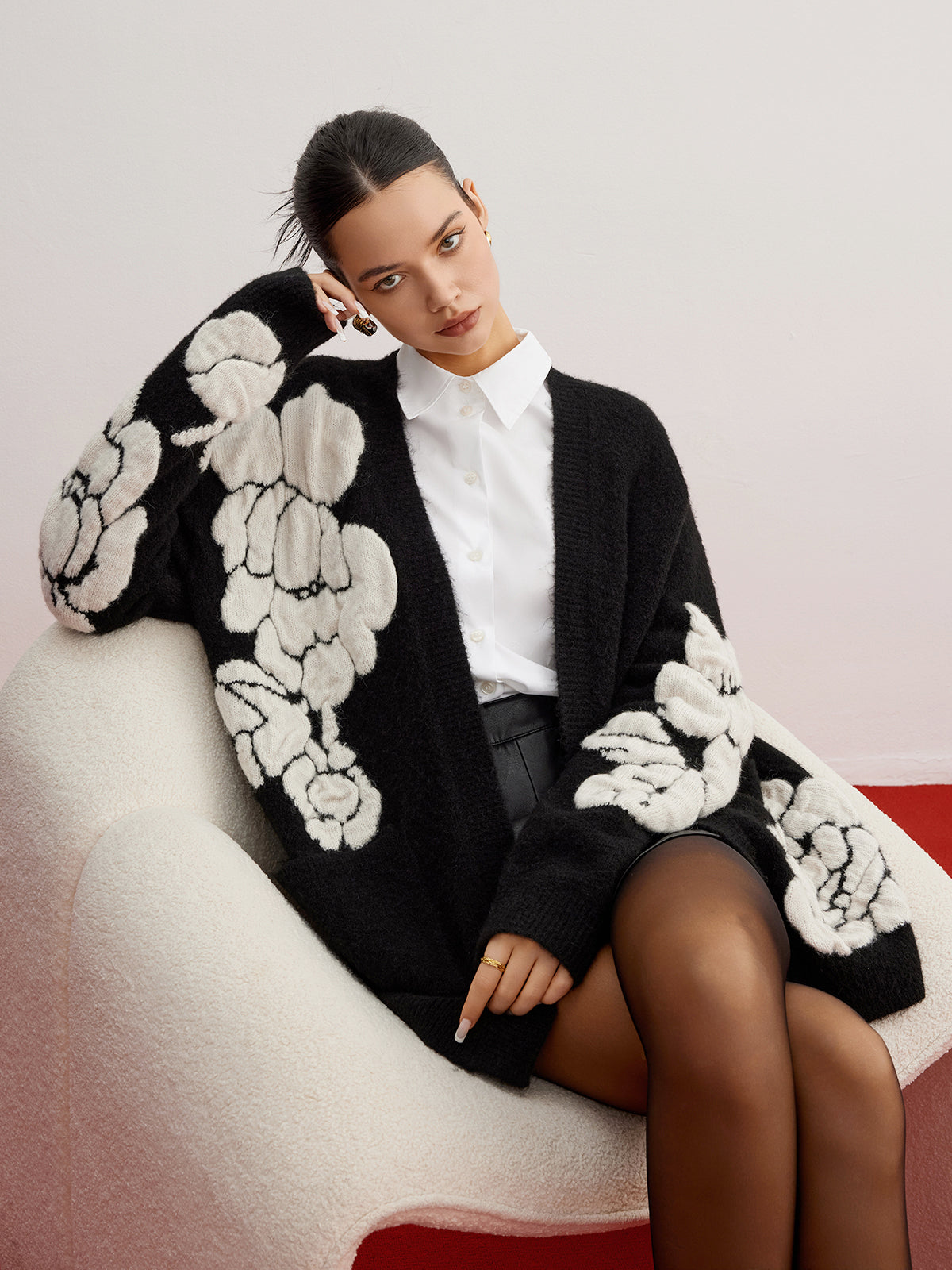 Wool Blend Knitted Floral Cardigan
