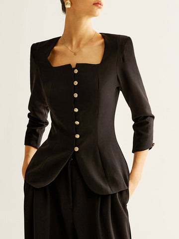Bluse mit eckigem Ausschnitt, Knopfleiste und Schlitz