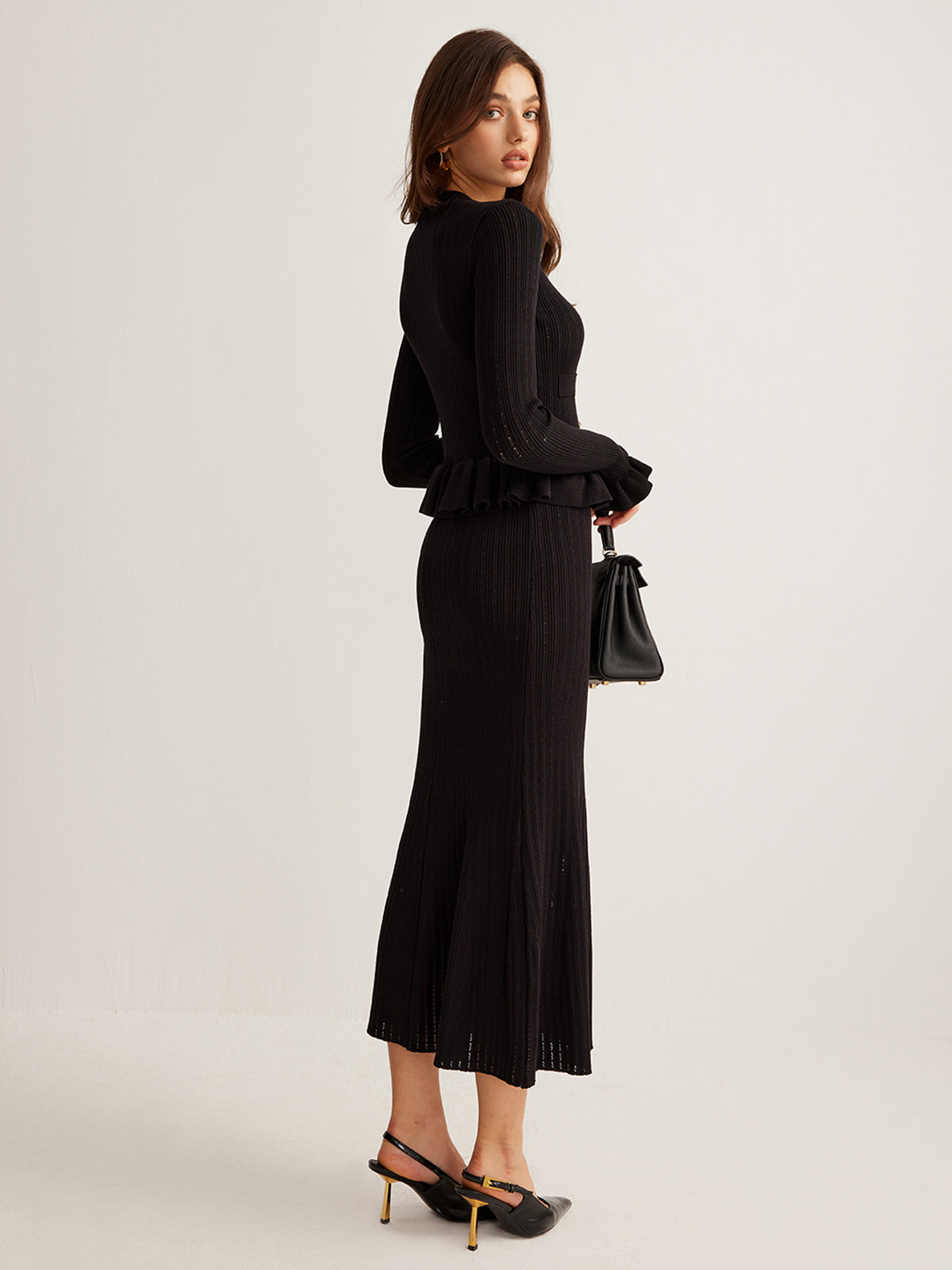 Rüschen-Maxikleid aus Strick, schmal geschnitten