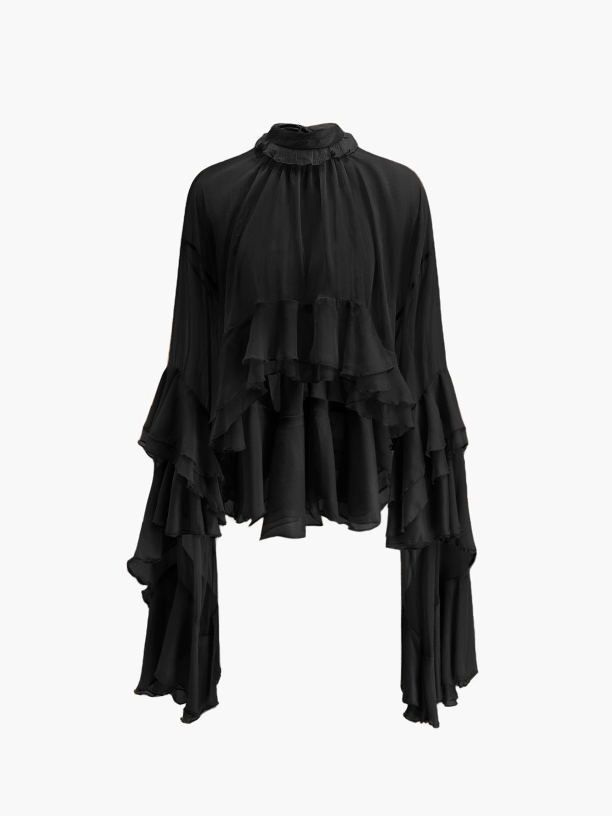 Transparente Chiffonbluse mit Rollkragen und Rüschen