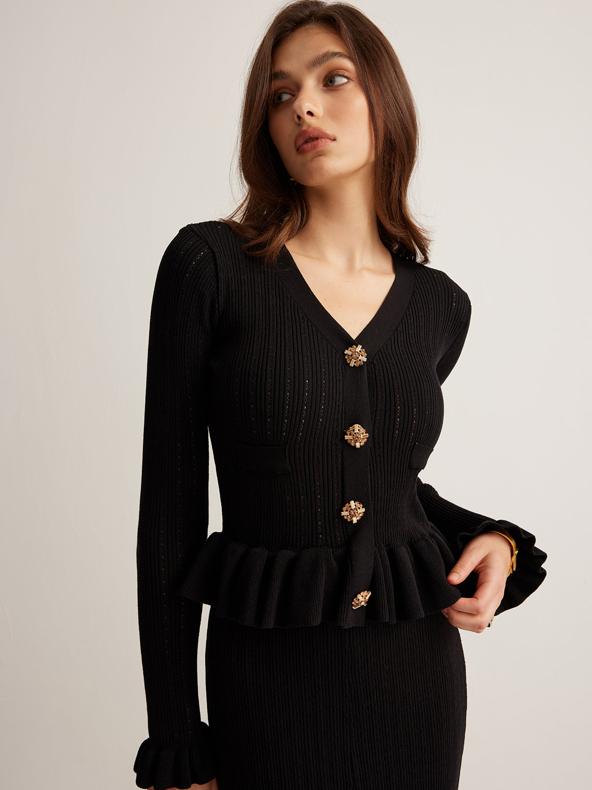 Rüschen-Maxikleid aus Strick, schmal geschnitten