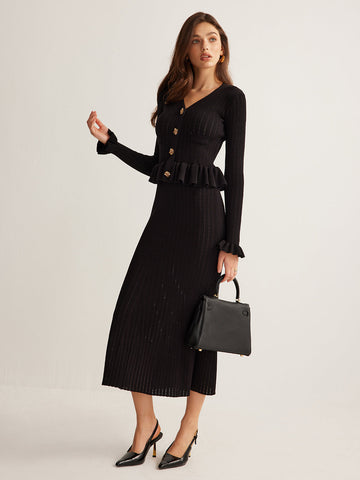 Rüschen-Maxikleid aus Strick, schmal geschnitten