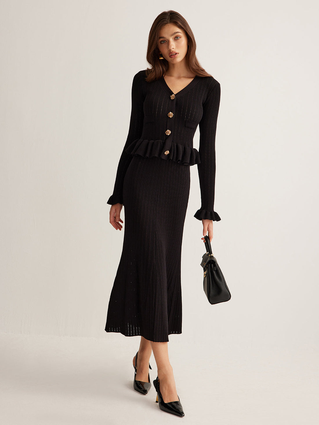 Rüschen-Maxikleid aus Strick, schmal geschnitten