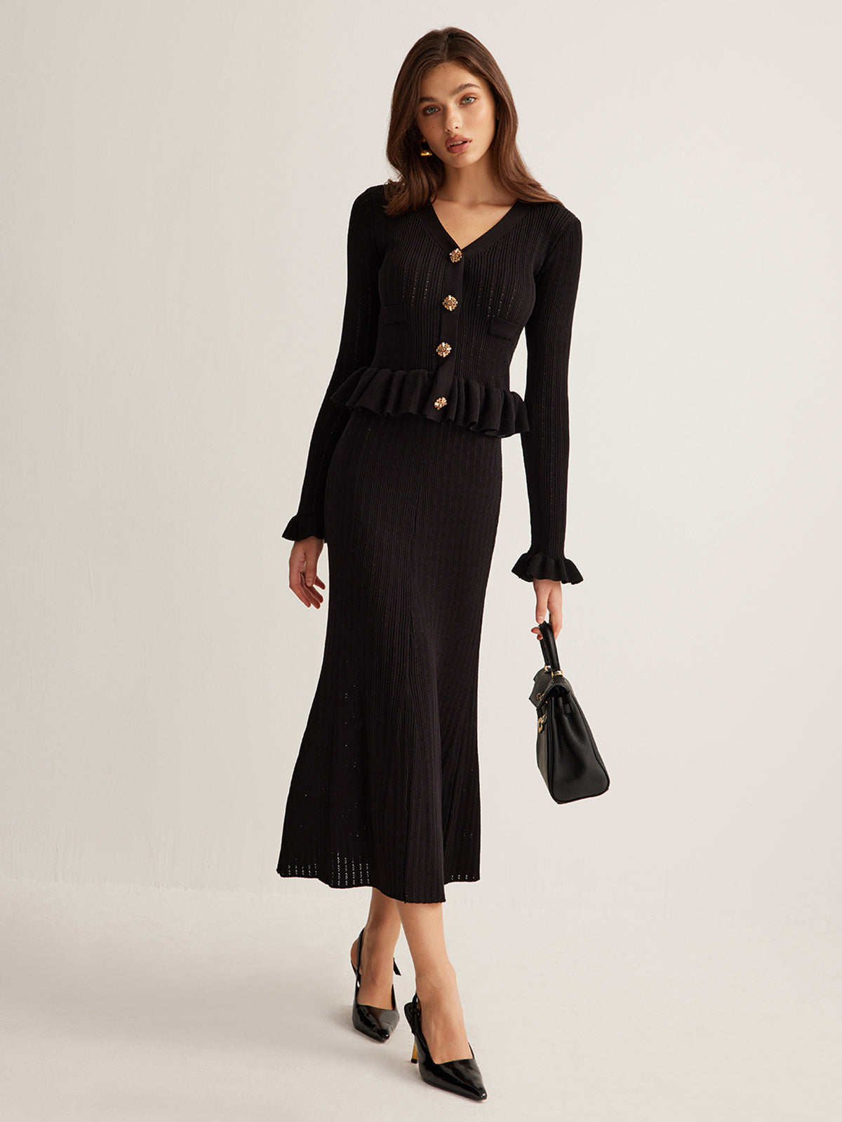 Rüschen-Maxikleid aus Strick, schmal geschnitten