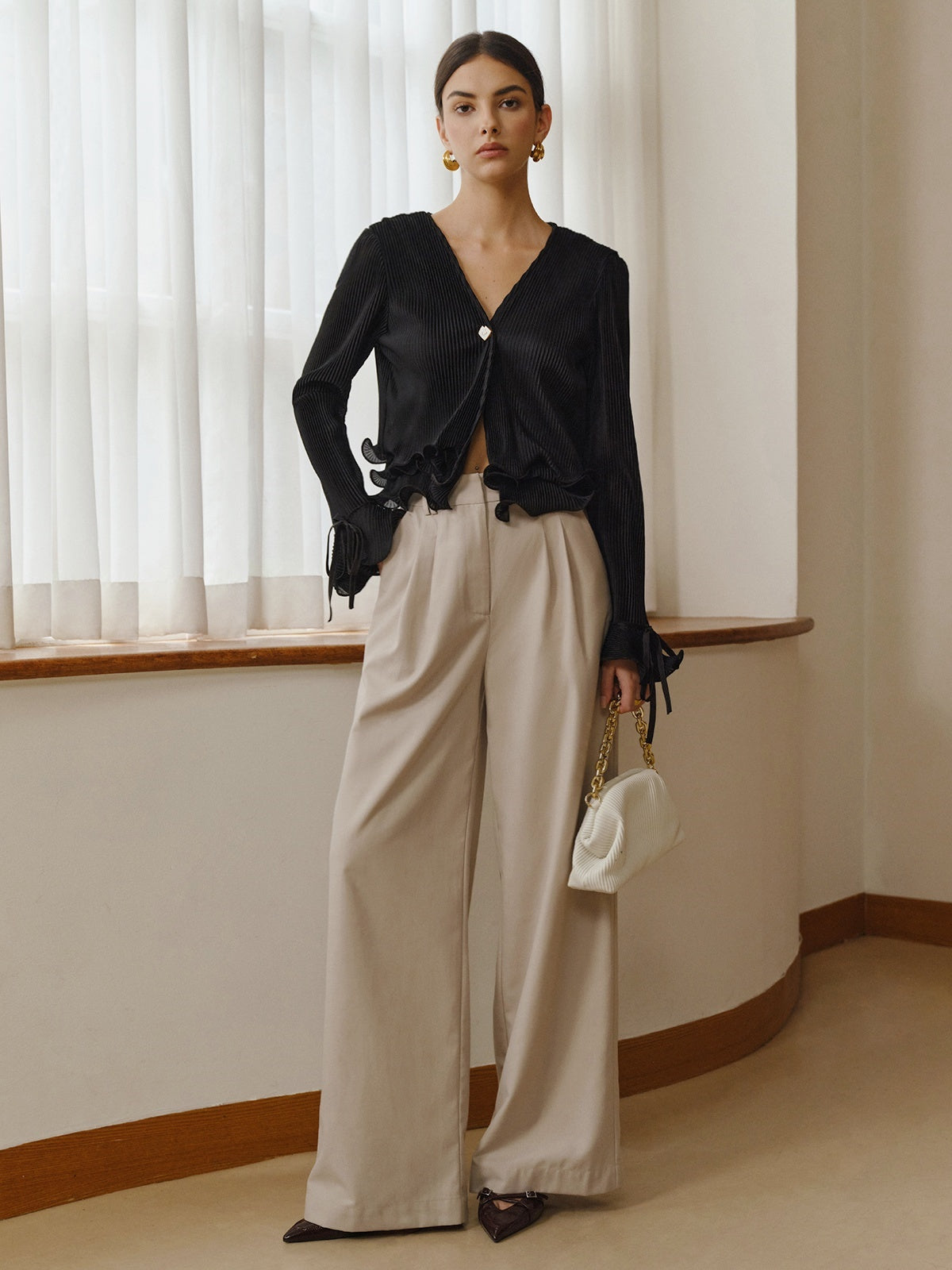 Ruffled Buttoned Pleated Blouse