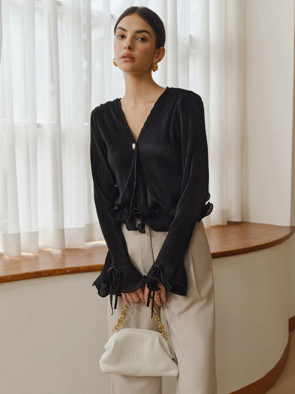 Ruffled Buttoned Pleated Blouse