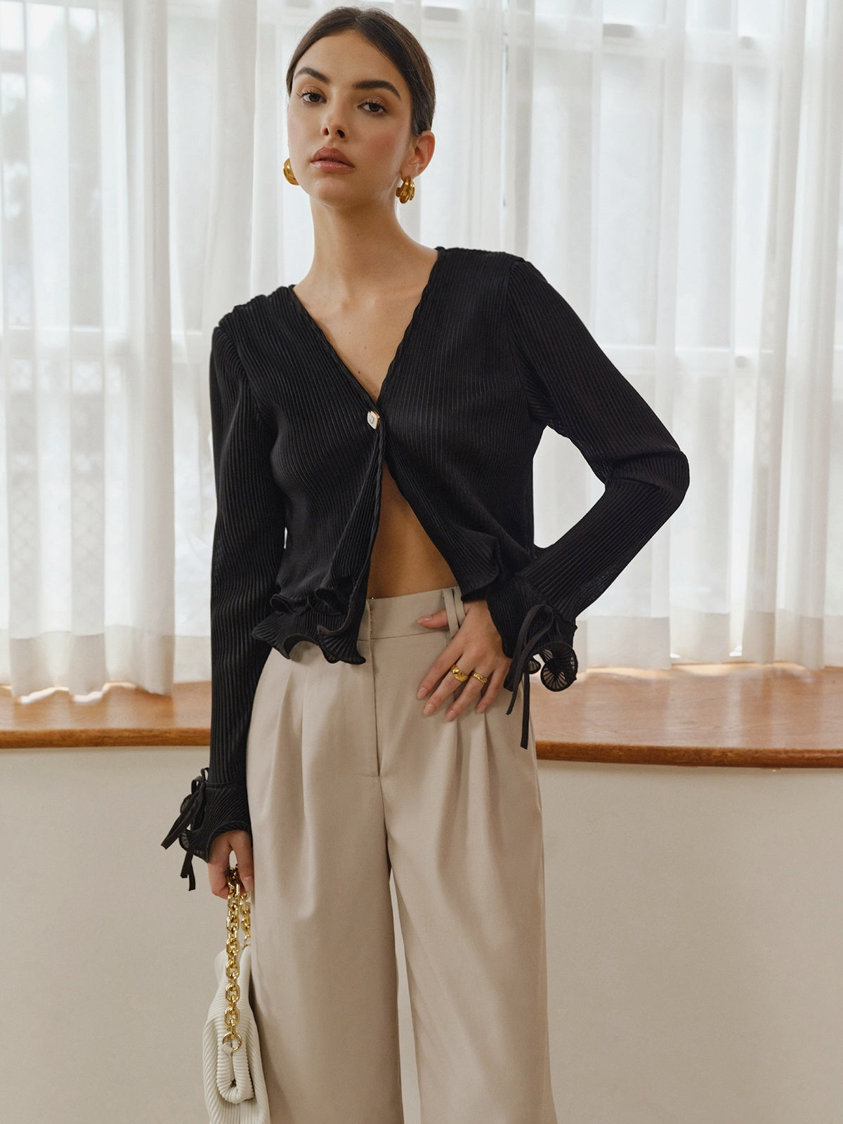 Ruffled Buttoned Pleated Blouse