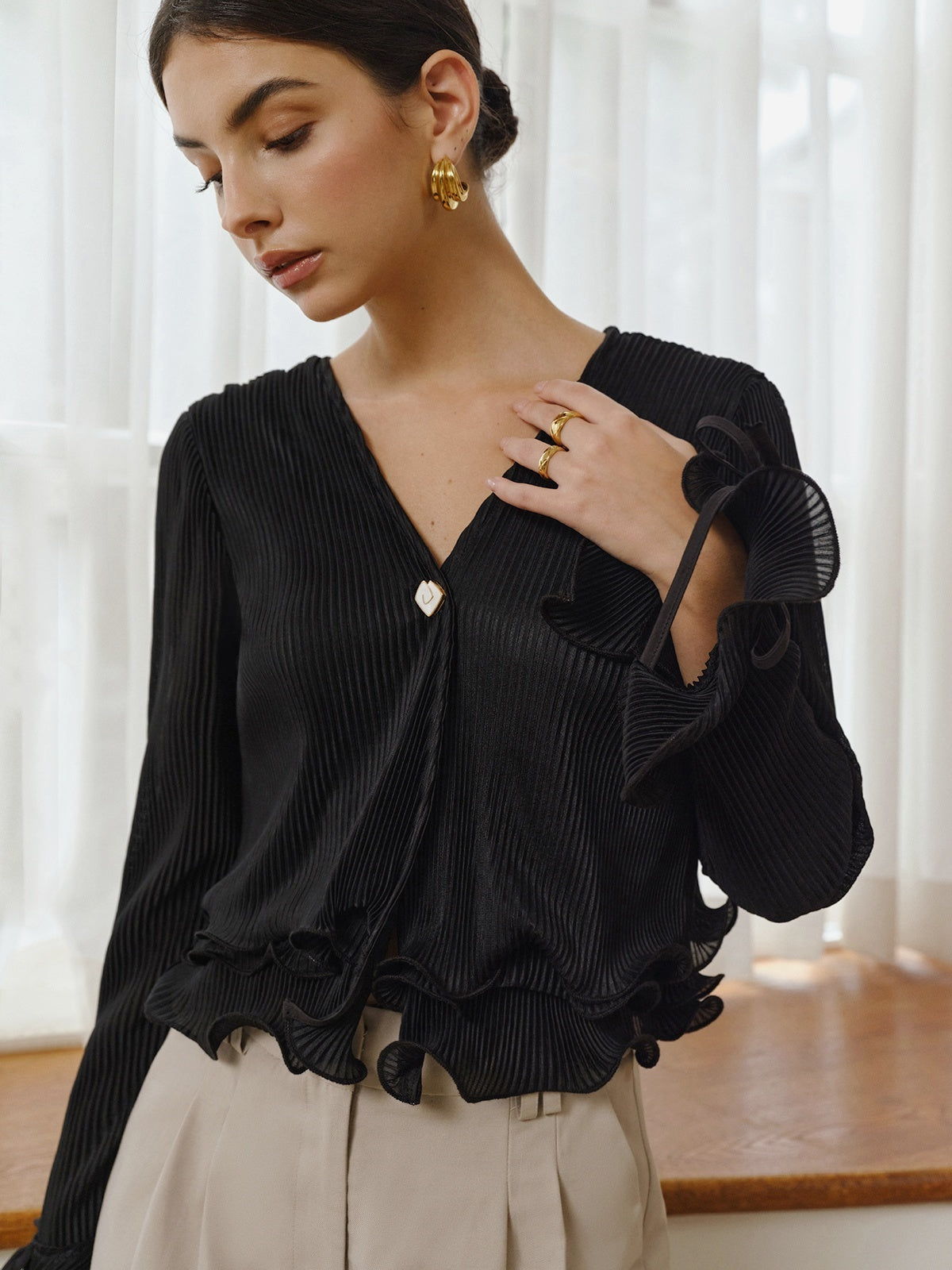 Ruffled Buttoned Pleated Blouse