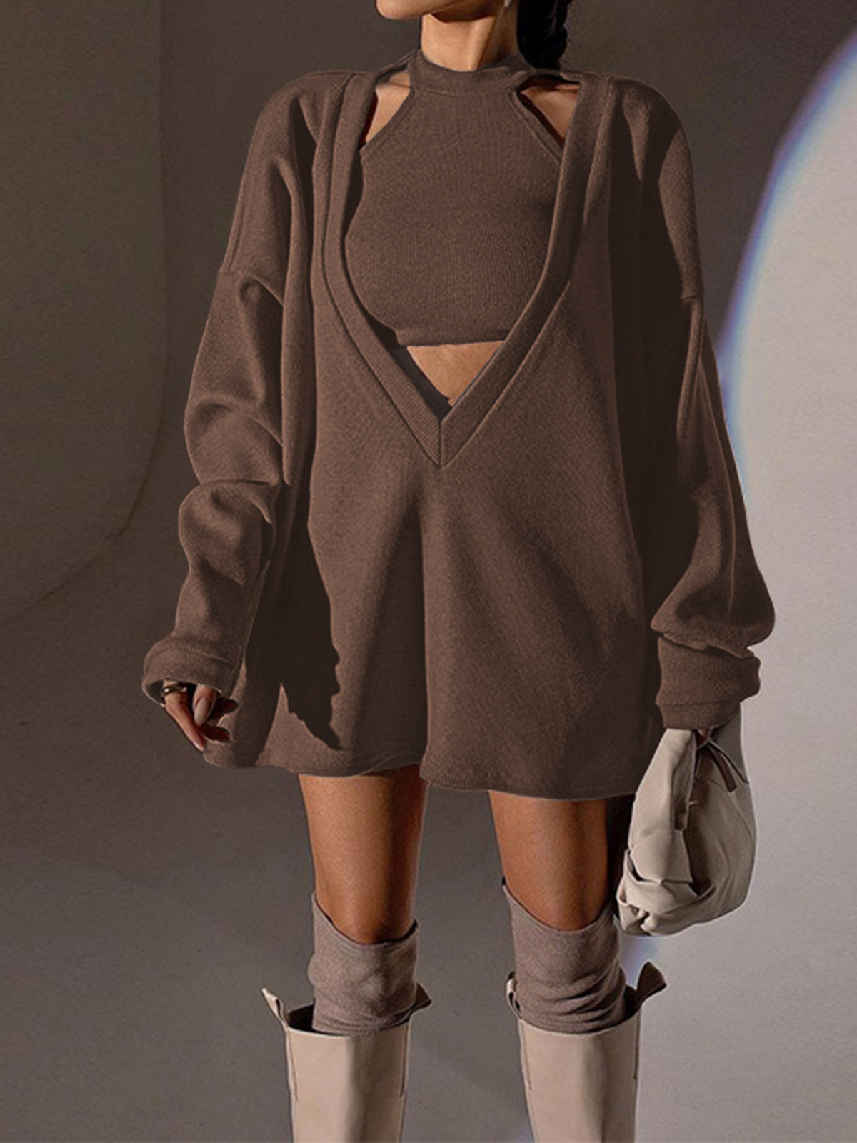 Vest-style Plain Ribbed Knit Sweatshirt
