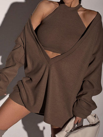 Vest-style Plain Ribbed Knit Sweatshirt