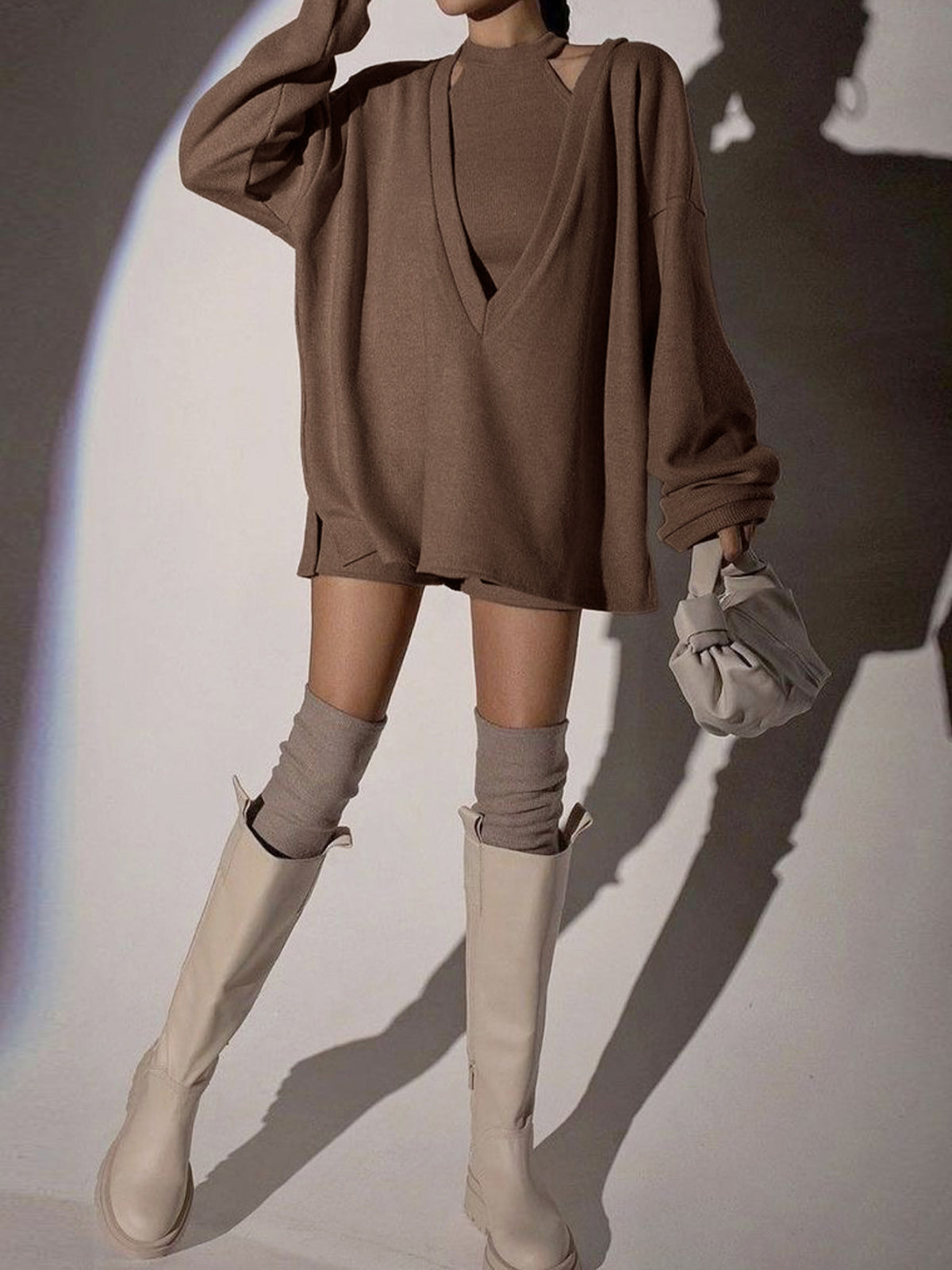 Vest-style Plain Ribbed Knit Sweatshirt