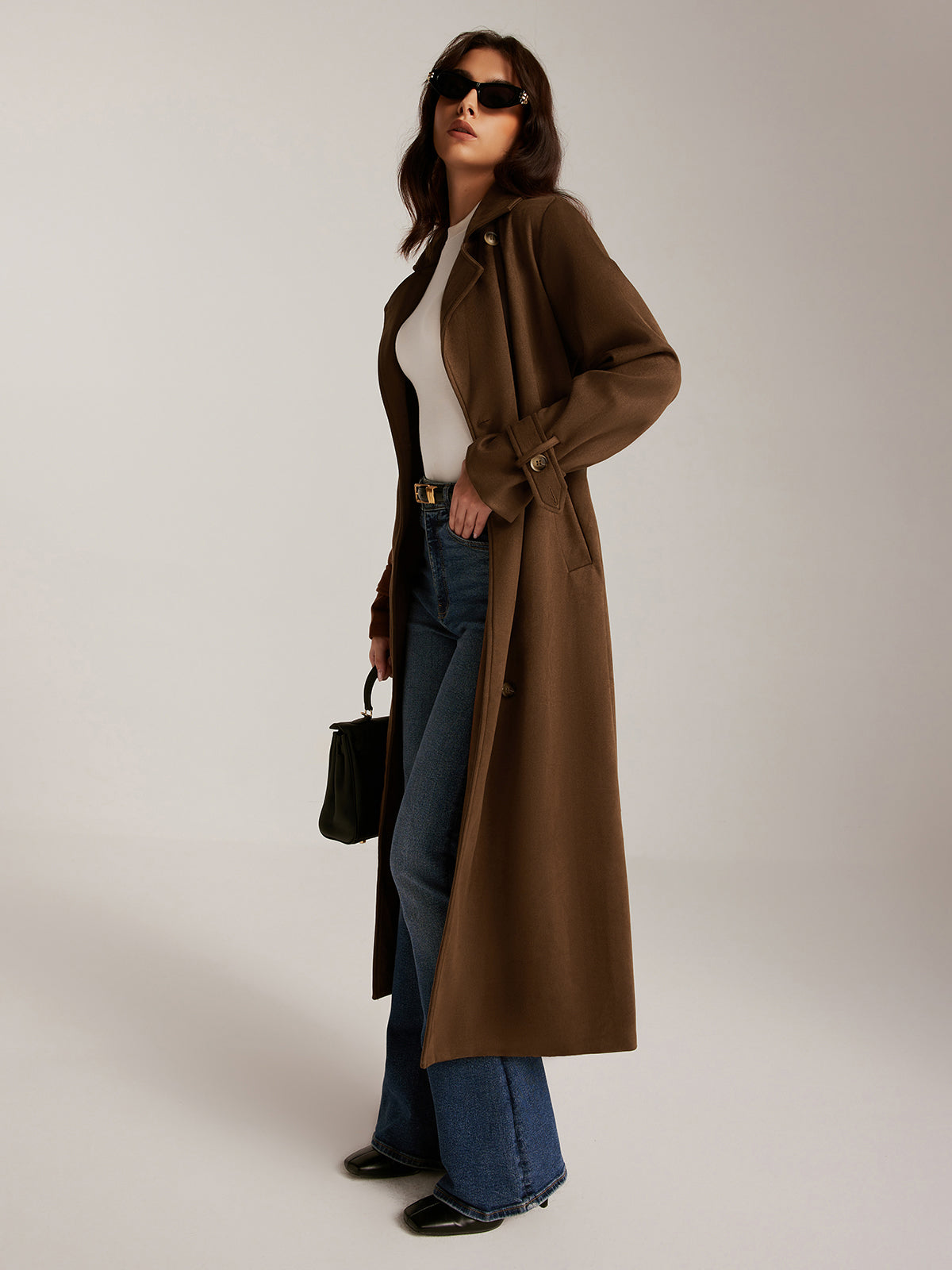 Suede Belted Buttoned Long Trench Coat