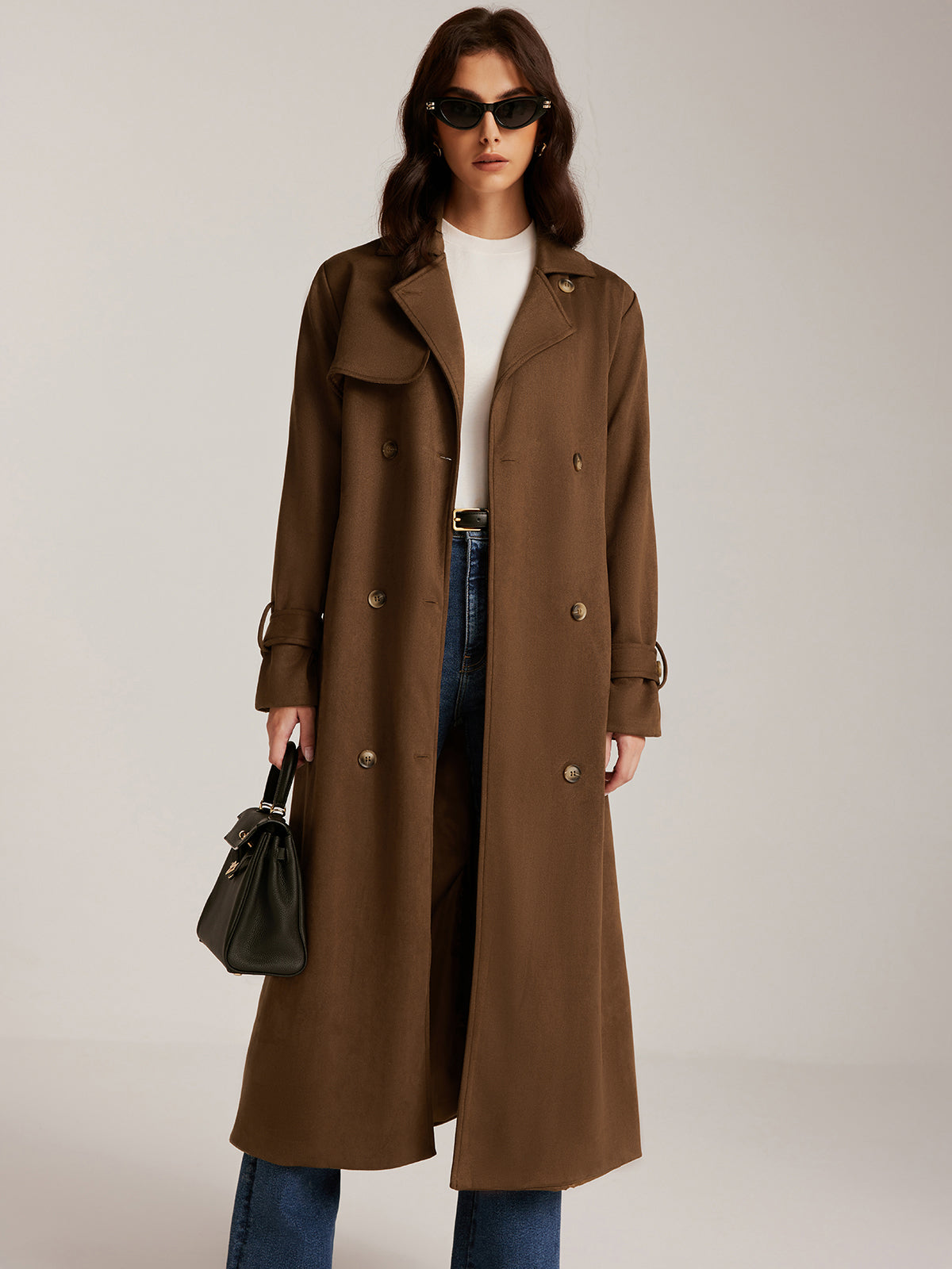 Suede Belted Buttoned Long Trench Coat