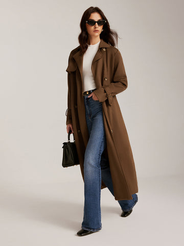 Suede Belted Buttoned Long Trench Coat