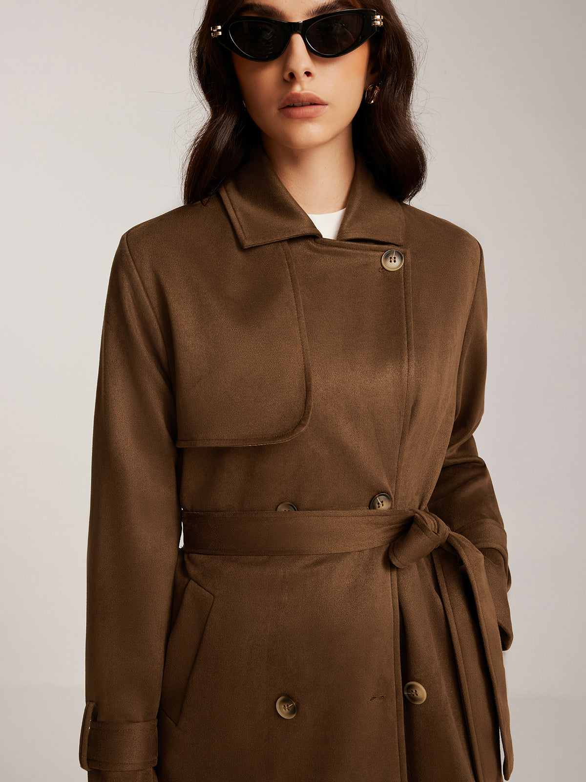 Suede Belted Buttoned Long Trench Coat