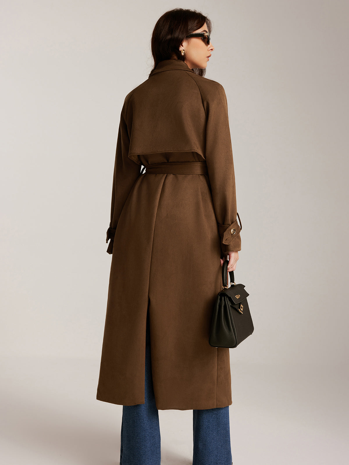 Suede Belted Buttoned Long Trench Coat
