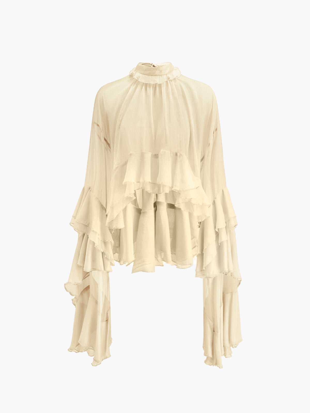 Transparente Chiffonbluse mit Rollkragen und Rüschen