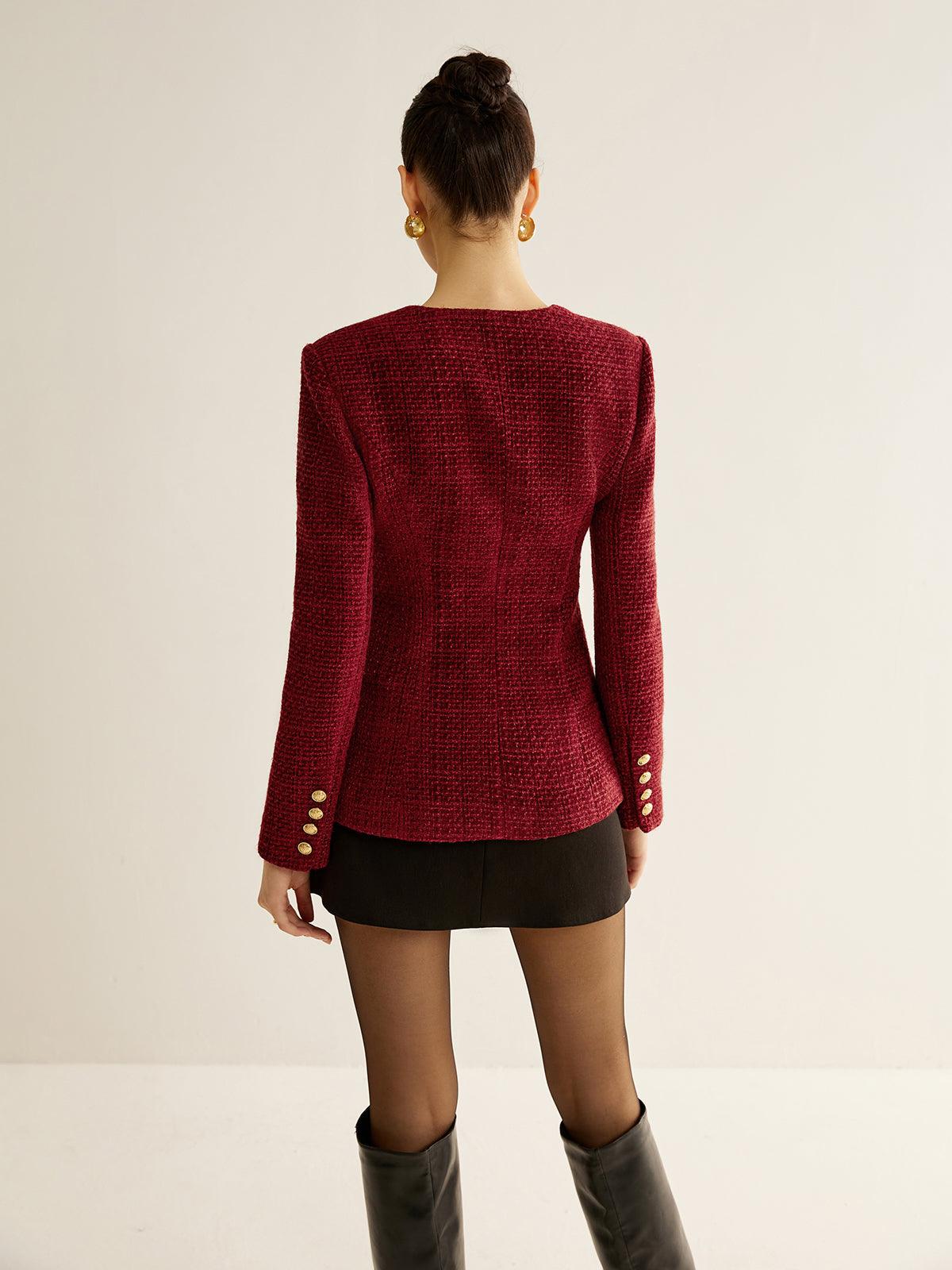 Kırmızı Altın Düğme Detaylı Tweed Blazer Ceket