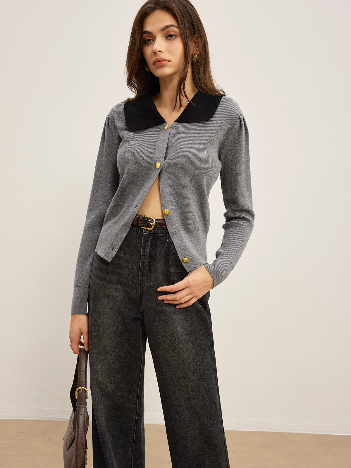 Contrasting Collar Thin Buttoned Cardigan
