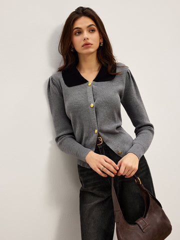 Contrasting Collar Thin Buttoned Cardigan