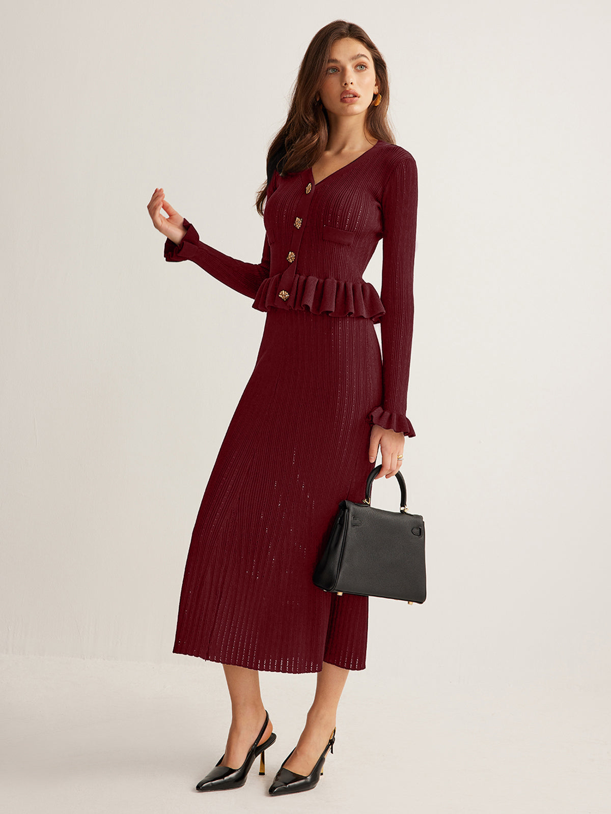 Rüschen-Maxikleid aus Strick, schmal geschnitten