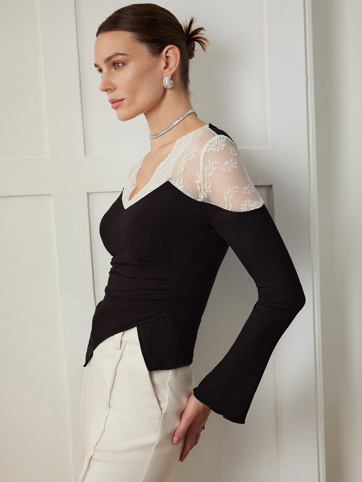 Elegant Asymmetrical Slim-Fit Blouse with Lace Panels 