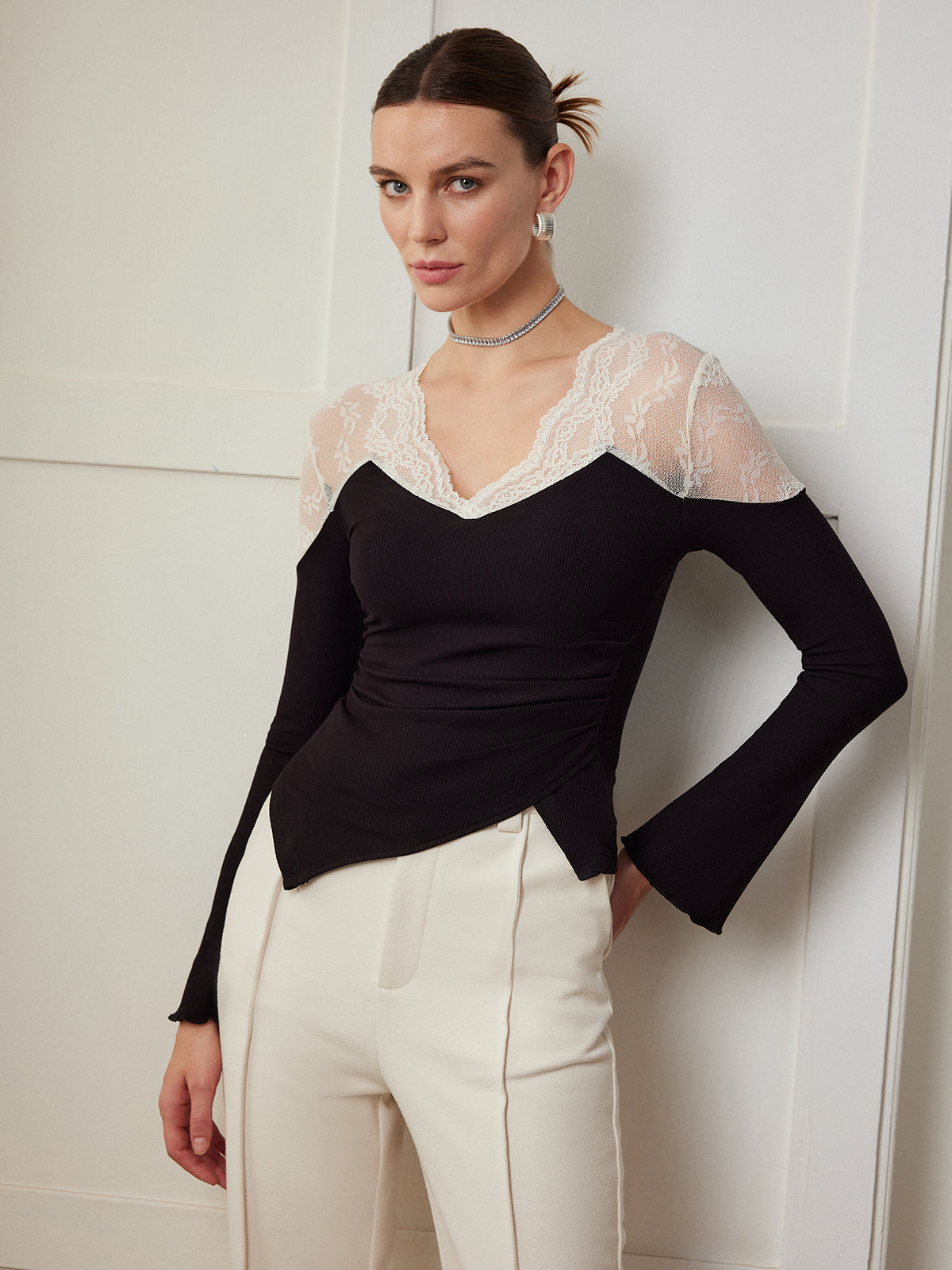 Elegant Asymmetrical Slim-Fit Blouse with Lace Panels 