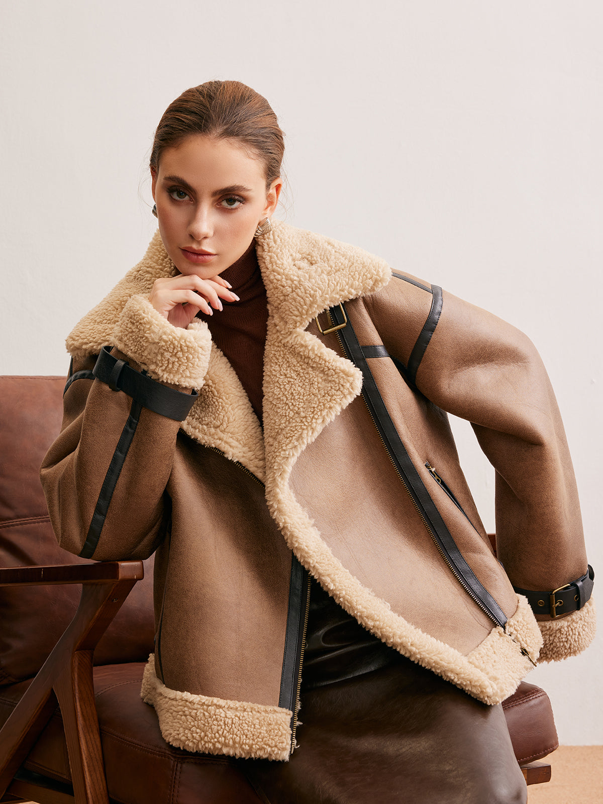 Faux Leather Zip-Up Teddy Coat 