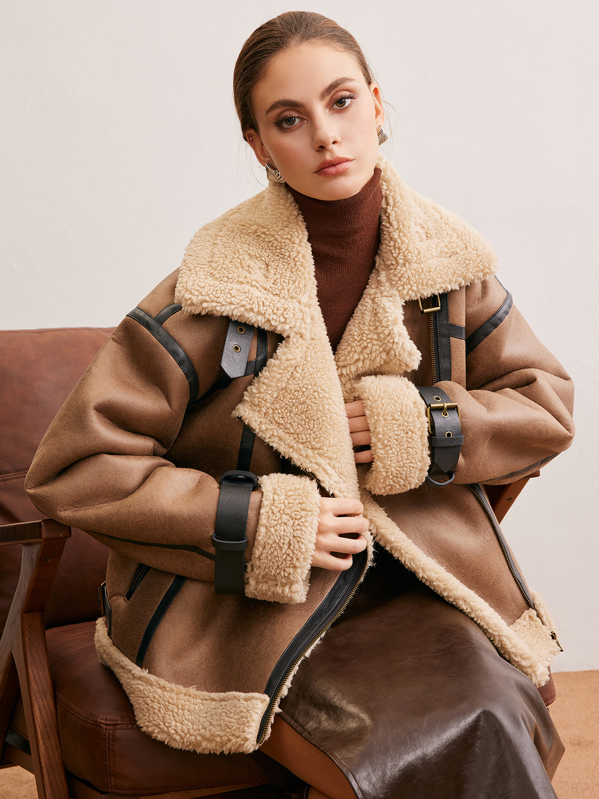 Faux Leather Zip-Up Teddy Coat 
