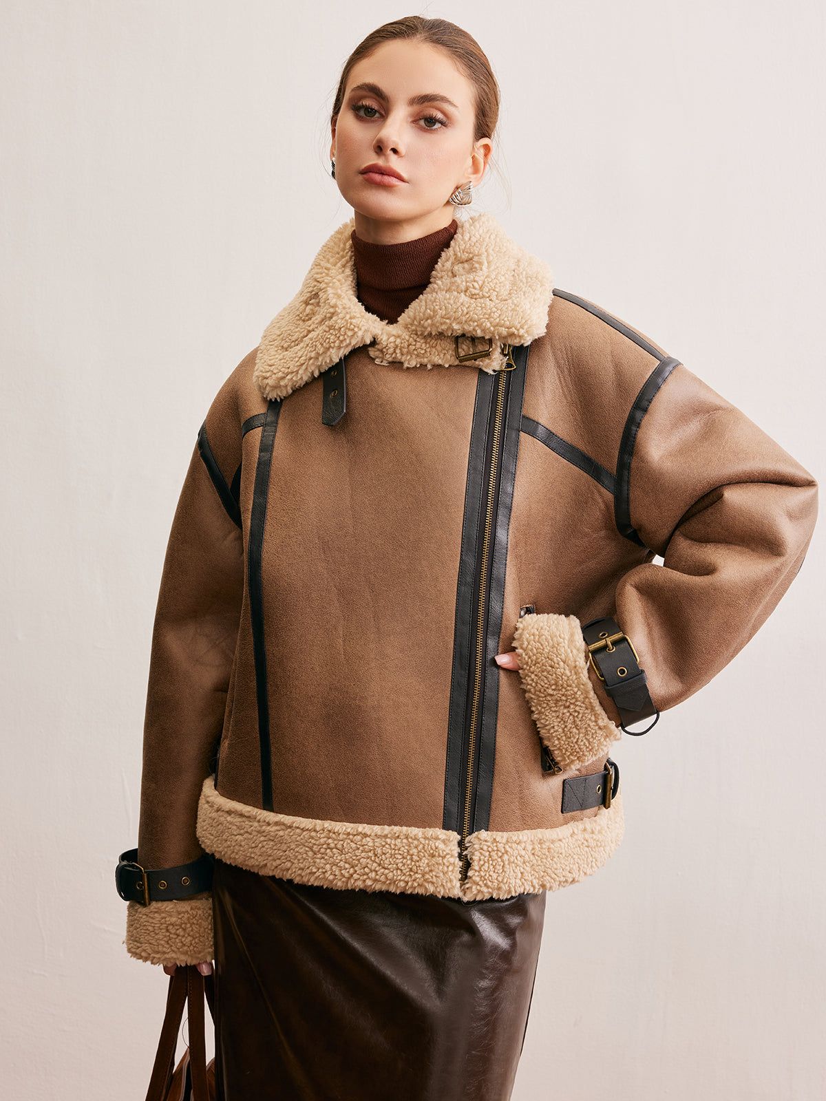 Faux Leather Zip-Up Teddy Coat 