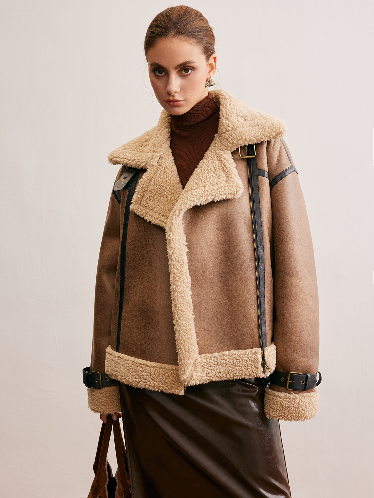 Faux Leather Zip-Up Teddy Coat 