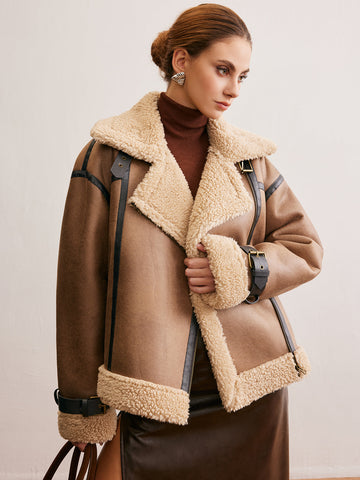 Faux Leather Zip-Up Teddy Coat 