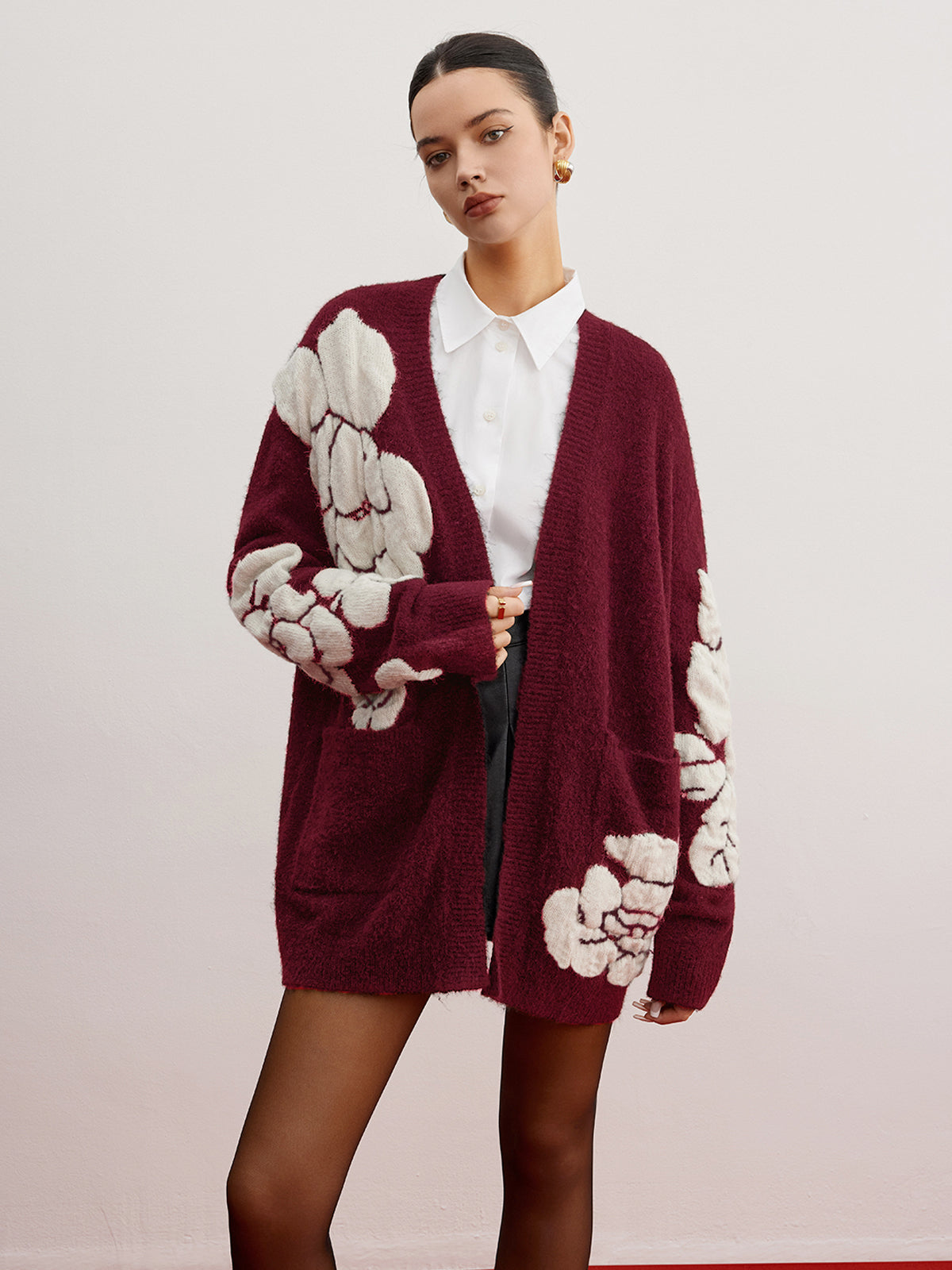 Wool Blend Knitted Floral Cardigan