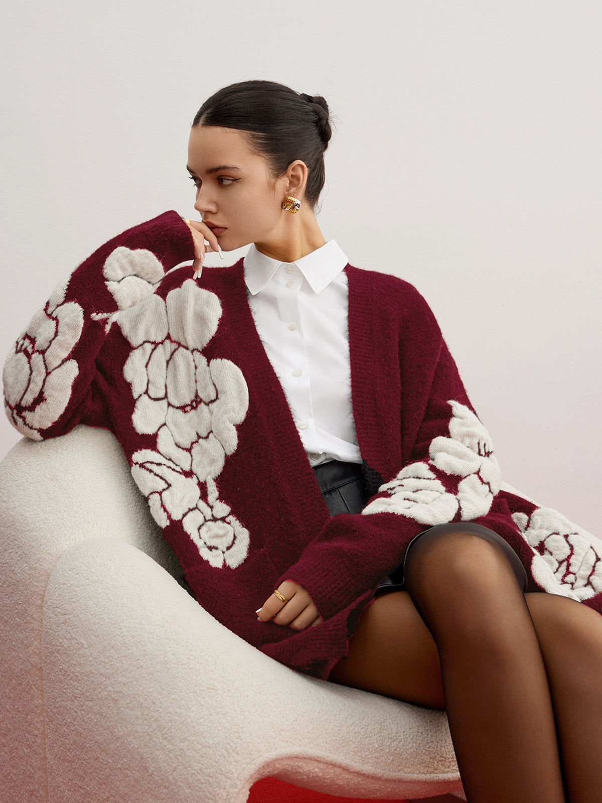 Wool Blend Knitted Floral Cardigan