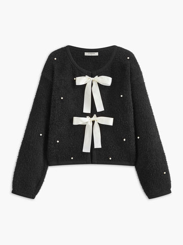 Perlenbesetzter Strickpullover mit Schleifendetail