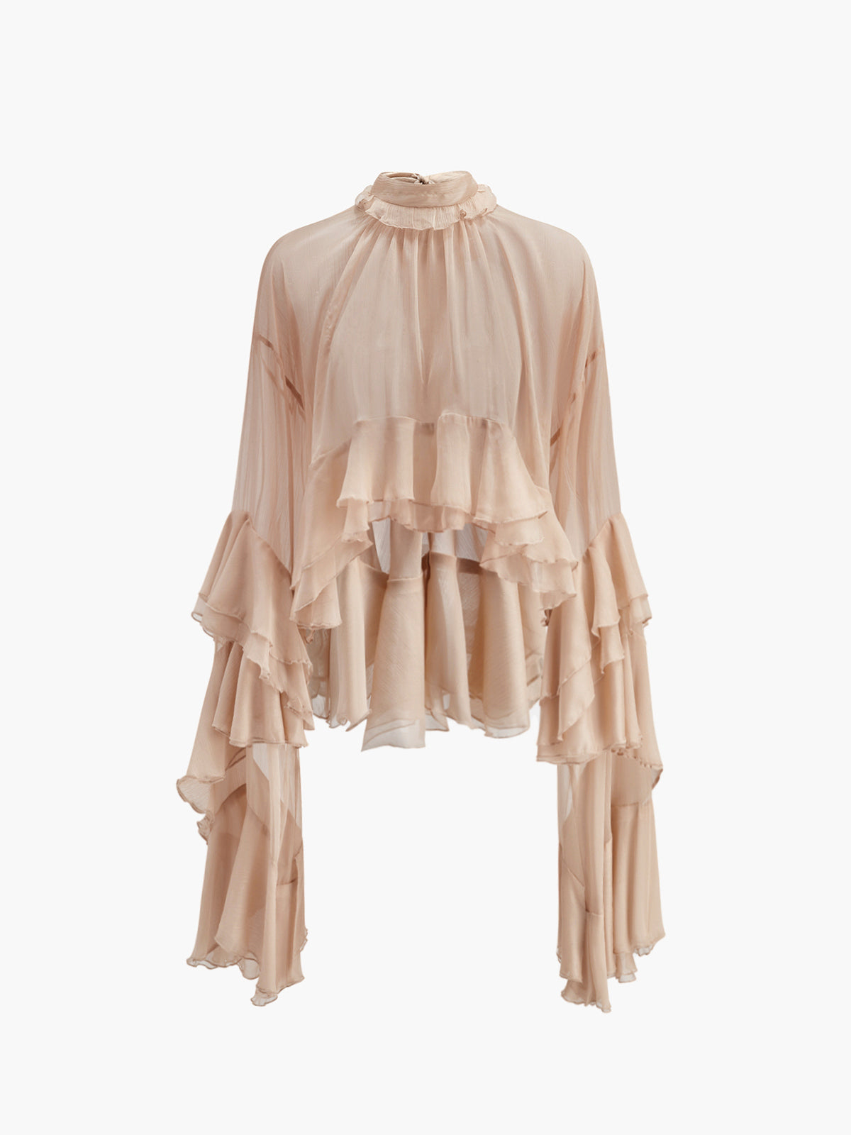 Transparente Chiffonbluse mit Rollkragen und Rüschen