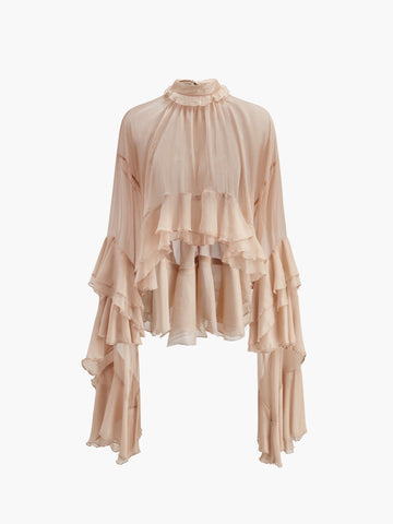 Transparente Chiffonbluse mit Rollkragen und Rüschen