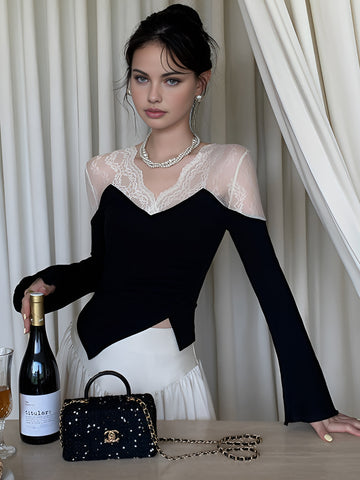 Elegant Asymmetrical Slim-Fit Blouse with Lace Panels 