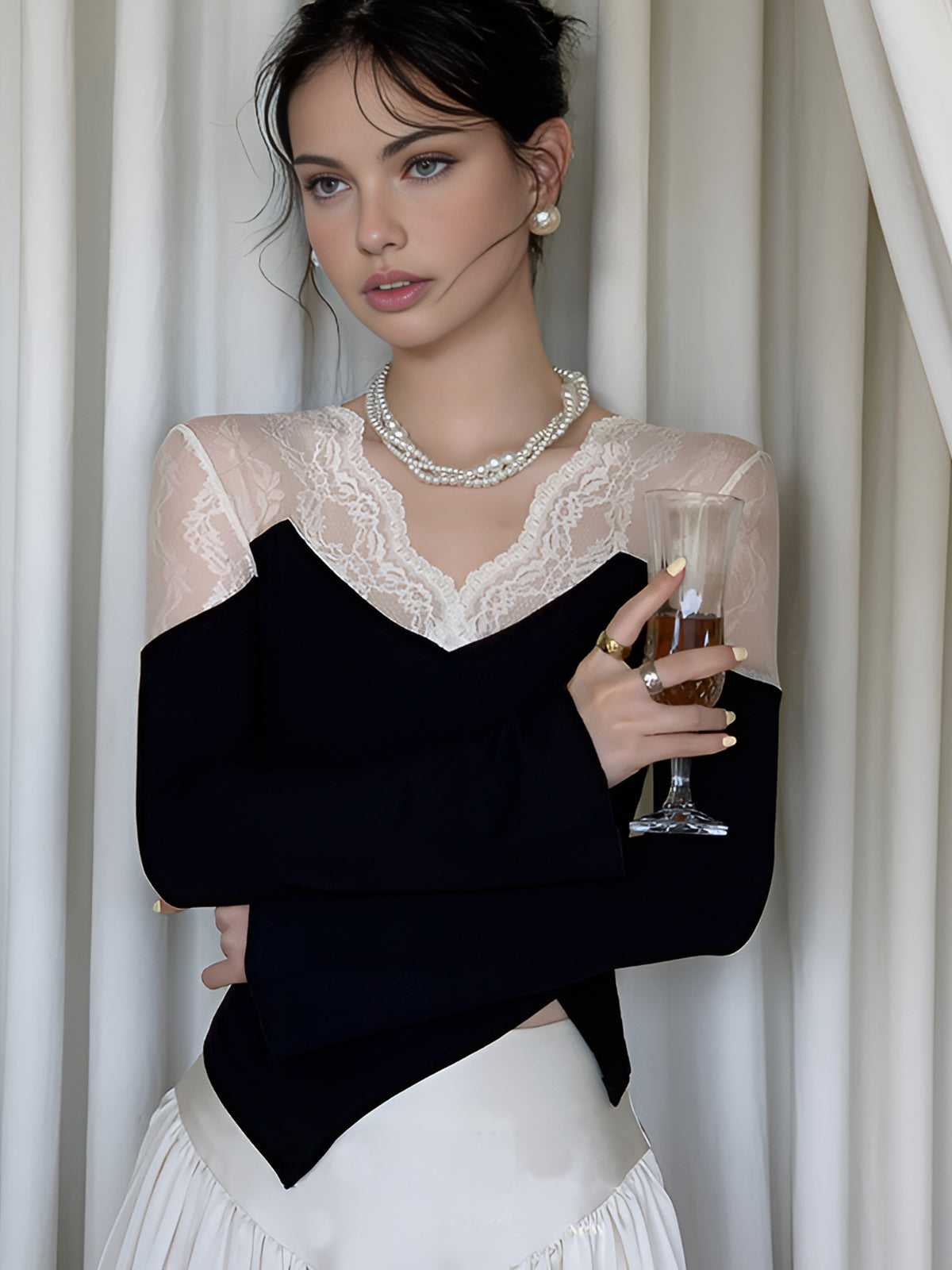 Elegant Asymmetrical Slim-Fit Blouse with Lace Panels 