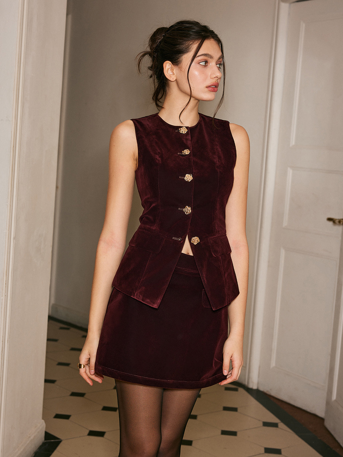 Velvet Gathered Vest with Metal Buttons