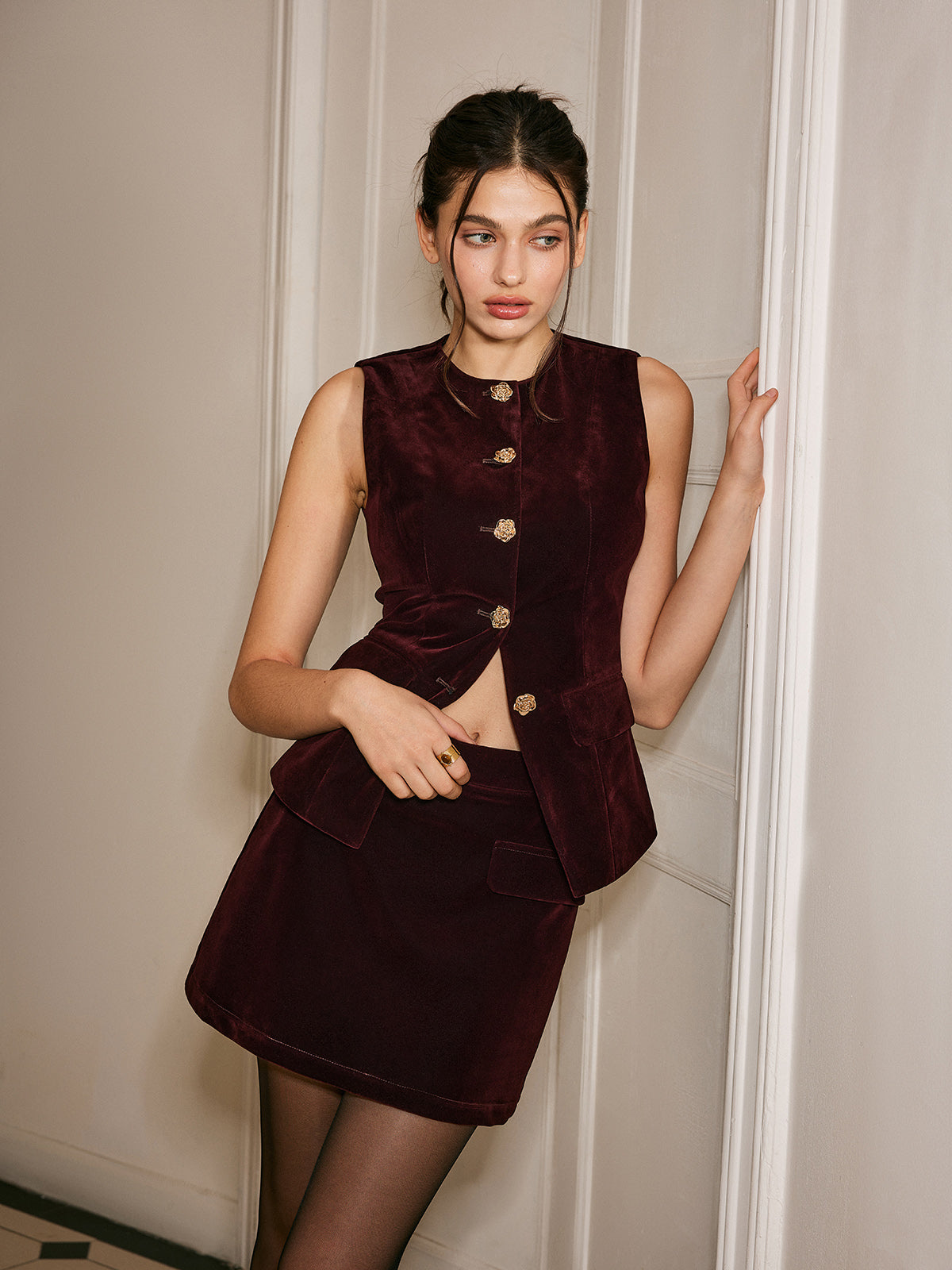 Velvet Gathered Vest with Metal Buttons