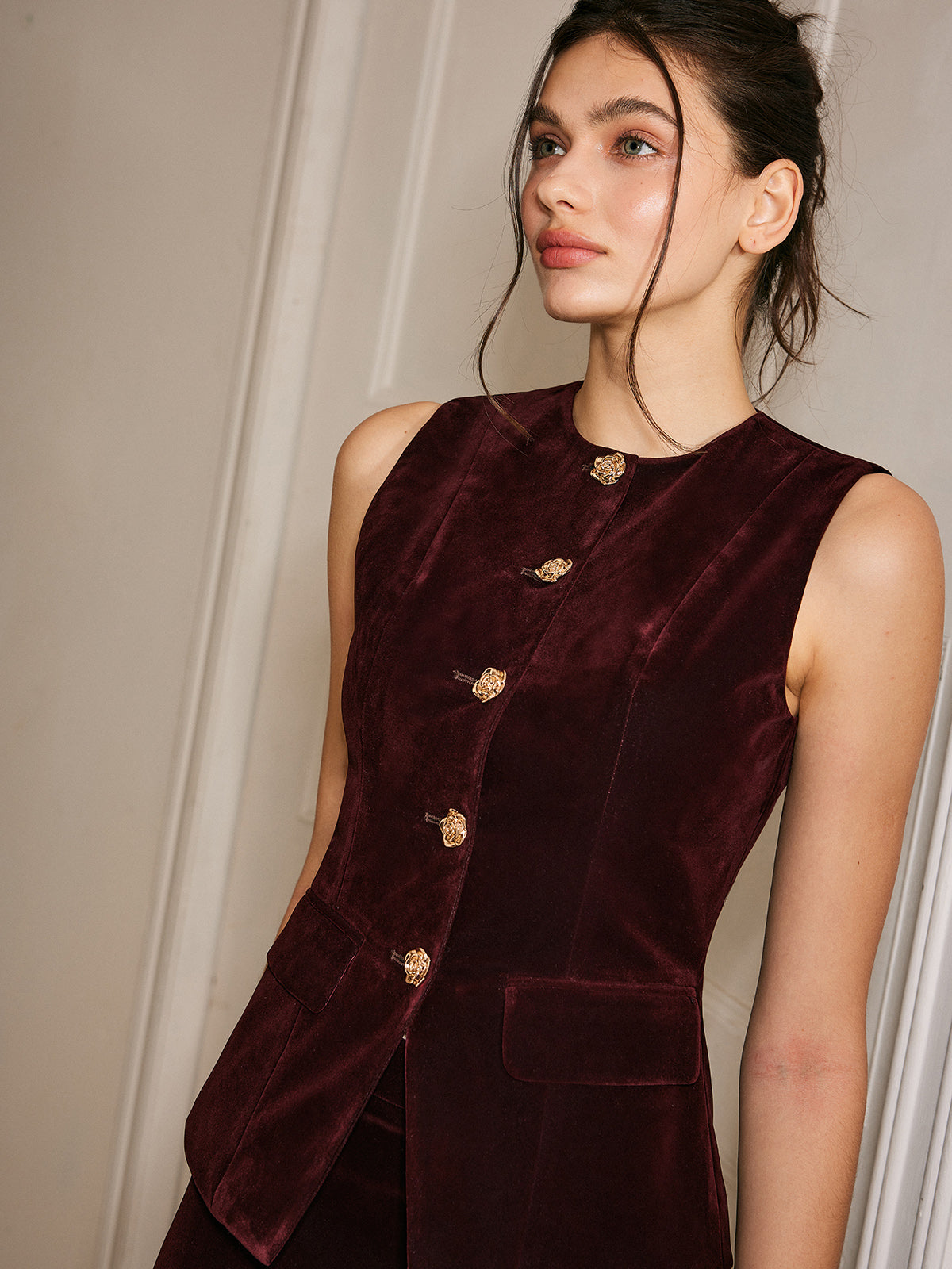 Velvet Gathered Vest with Metal Buttons