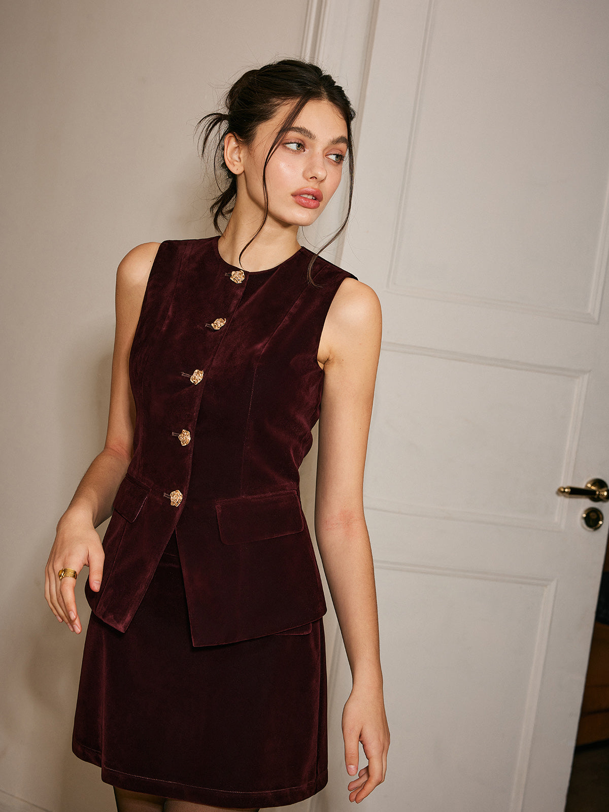 Velvet Gathered Vest with Metal Buttons